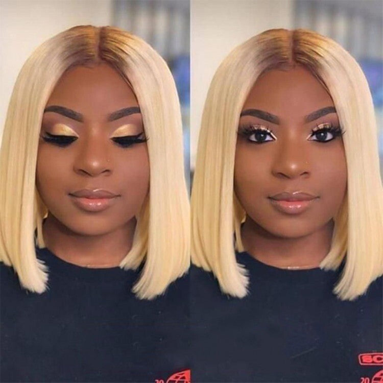 Blonde Ombre Bob Wig - Dark Brown Roots Lace Closure Human Hair