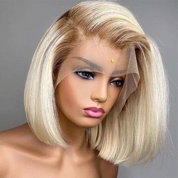 Blonde Ombre Bob Wig - Dark Brown Roots Lace Closure Human Hair