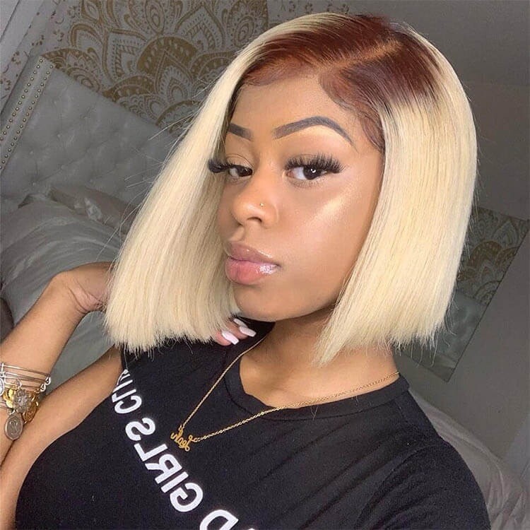 Blonde Ombre Bob Wig - Dark Brown Roots Lace Closure Human Hair