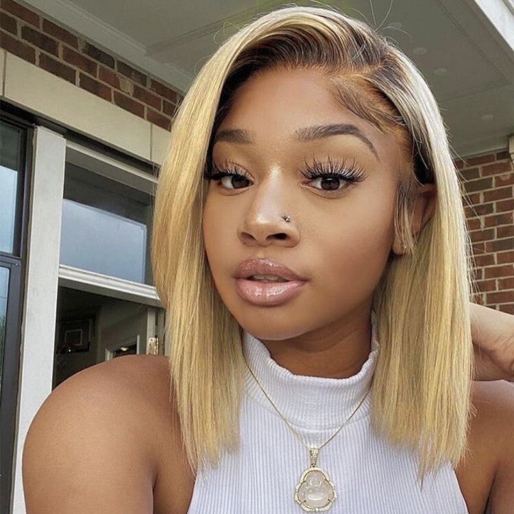 Blonde Ombre Bob Wig - Dark Brown Roots Lace Closure Human Hair