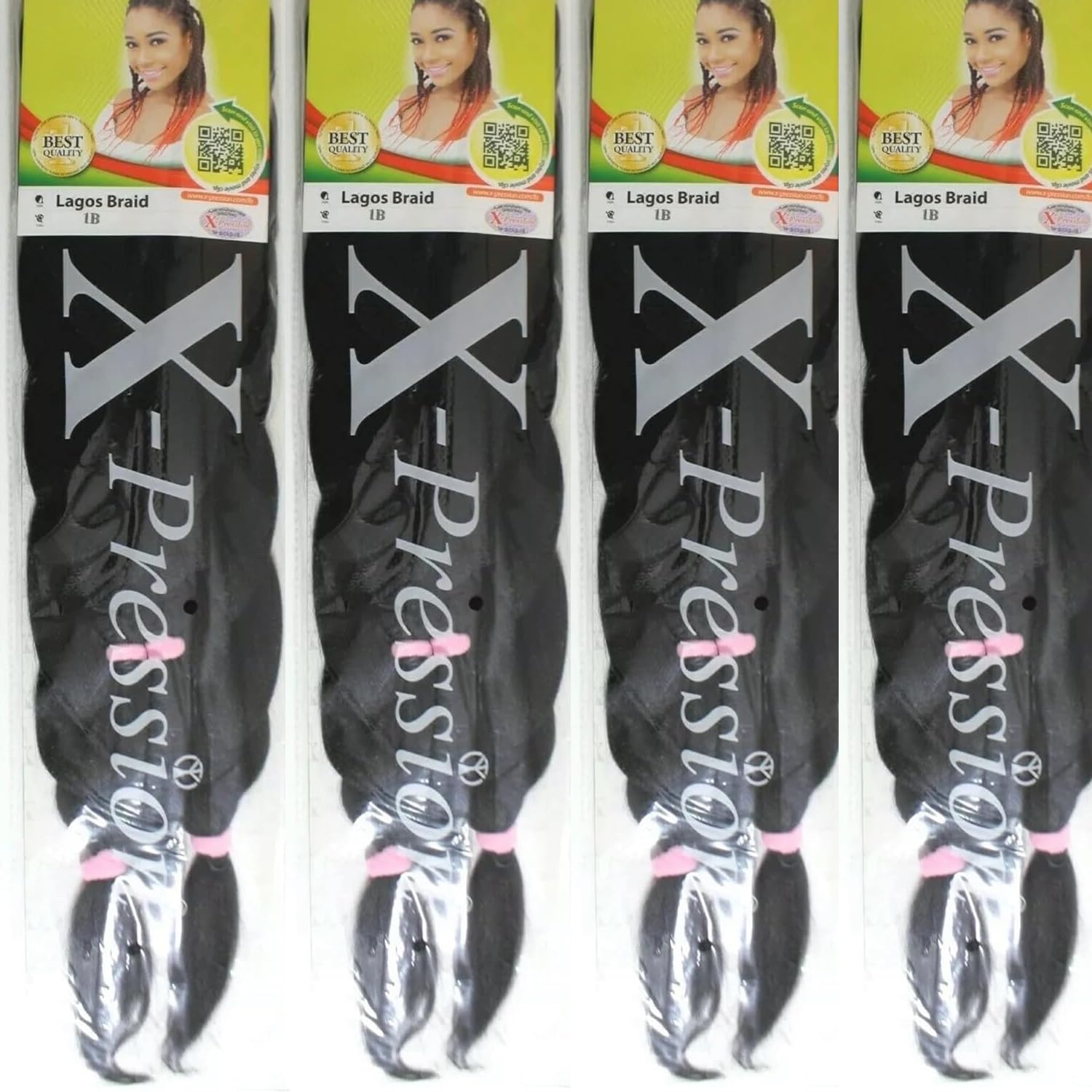 X-Pression Lagos Braid 4 Pack - Pre-Pulled Braiding Hair Extensions (1B Natural Black)