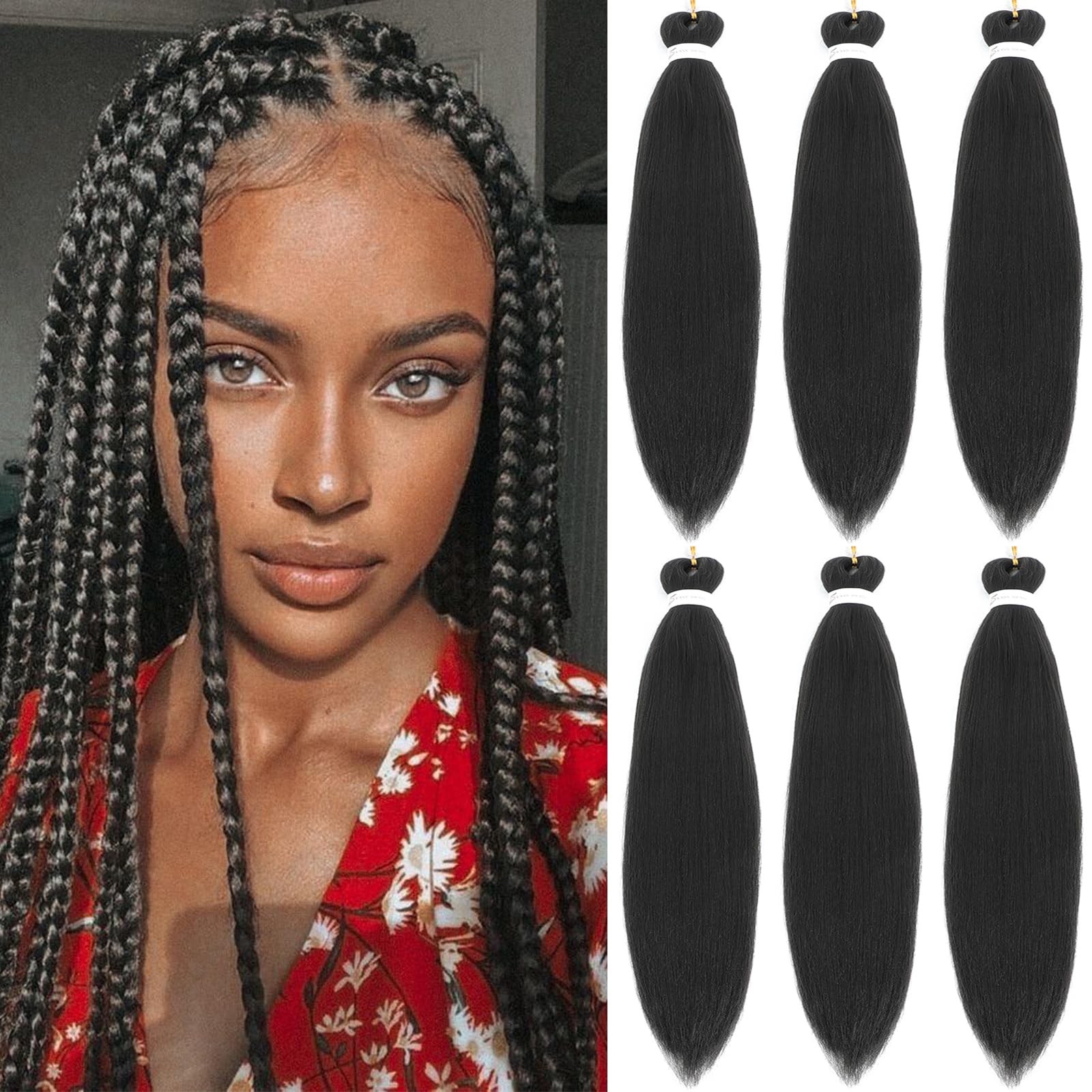 26 Inch Pre Stretched Braiding Hair - 6 Packs Soft Yaki Texture EZ Braid (1B Black)