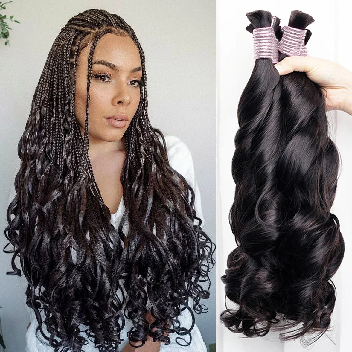 100g Human Hair Bulk for Braiding - French Curls, Boho Braids, Loose Wave